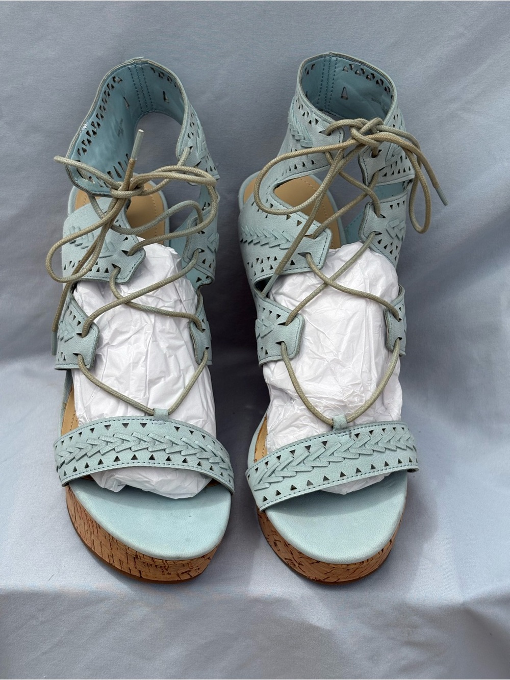 Marc Fisher Light Blue Perforated
Suede Lace Up Hosana Wedge
Sandal 10M